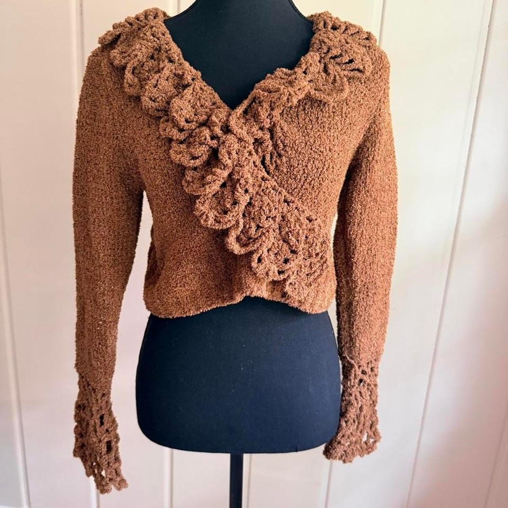 Brown ruffle knit faux wrap sweater cottagecore cropped